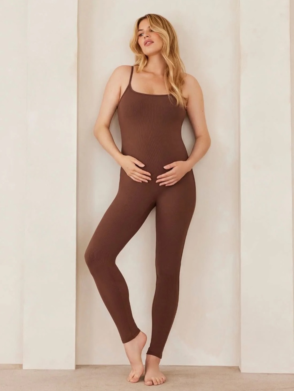 Ribbed Spaghetti-Strap Jumpsuit in Brown